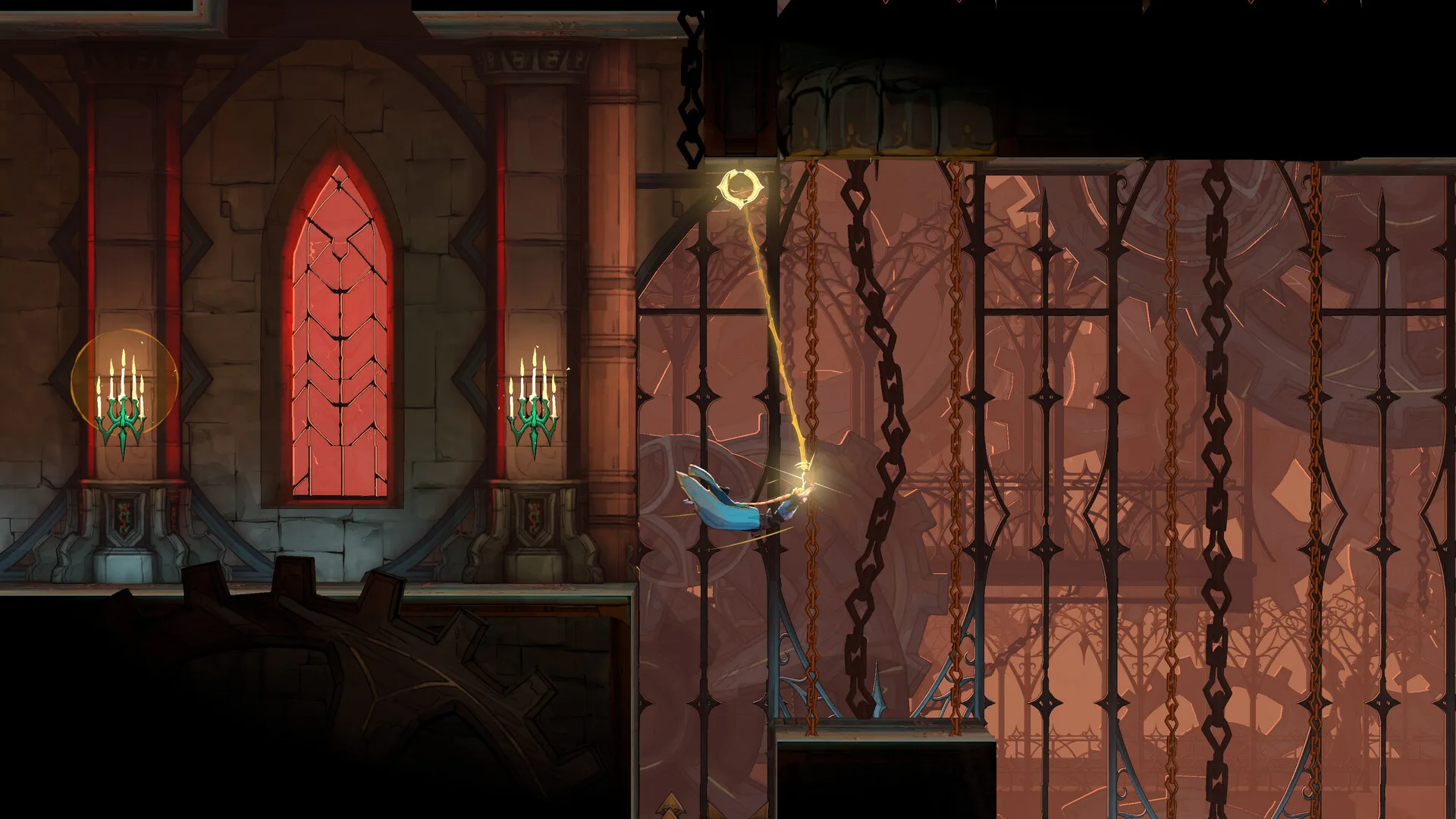 A hunter swings a whip through a chain-filled hall in Castlevania Belmont's Curse